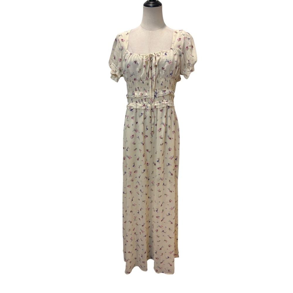 Three Bird Nest Maxi Dre's Milkmaid Sz M Cream Floral Cottagecore Puff Sleeve‎